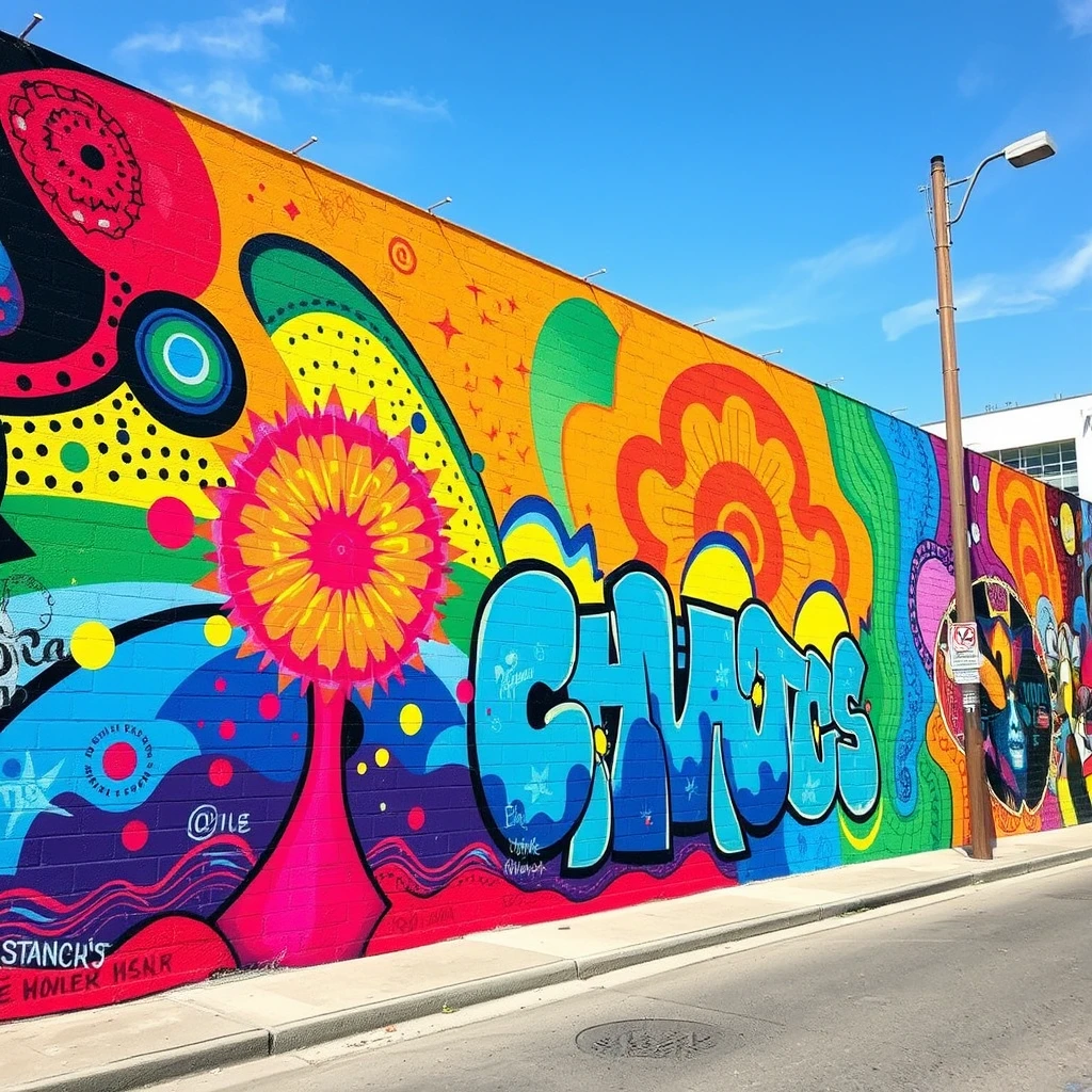 Colorful street art mural, urban setting