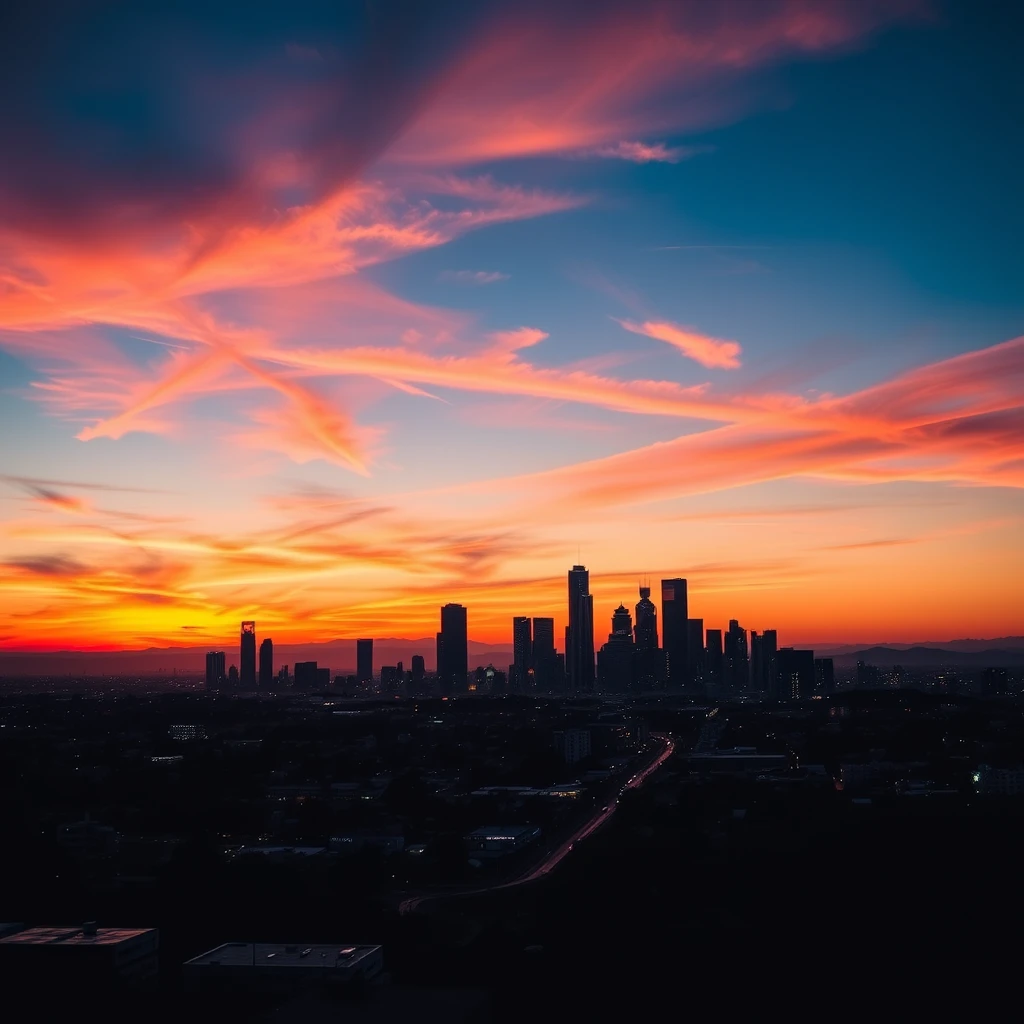 Los Angeles cityscape, vibrant sunset